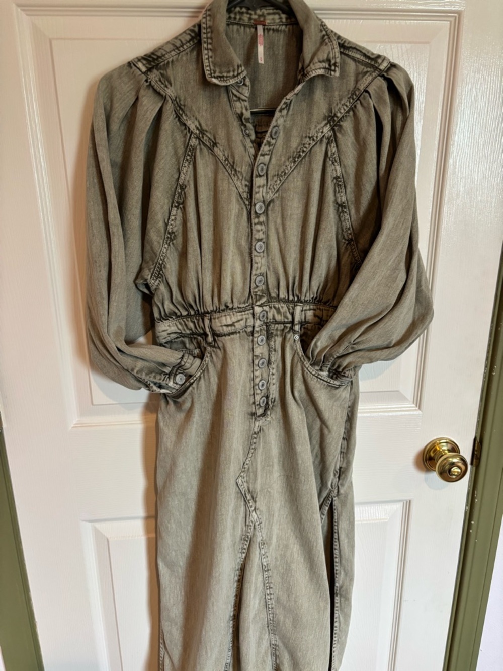 Free People Utility Shirt Dress Gray Cinch Waist Button Front Casual